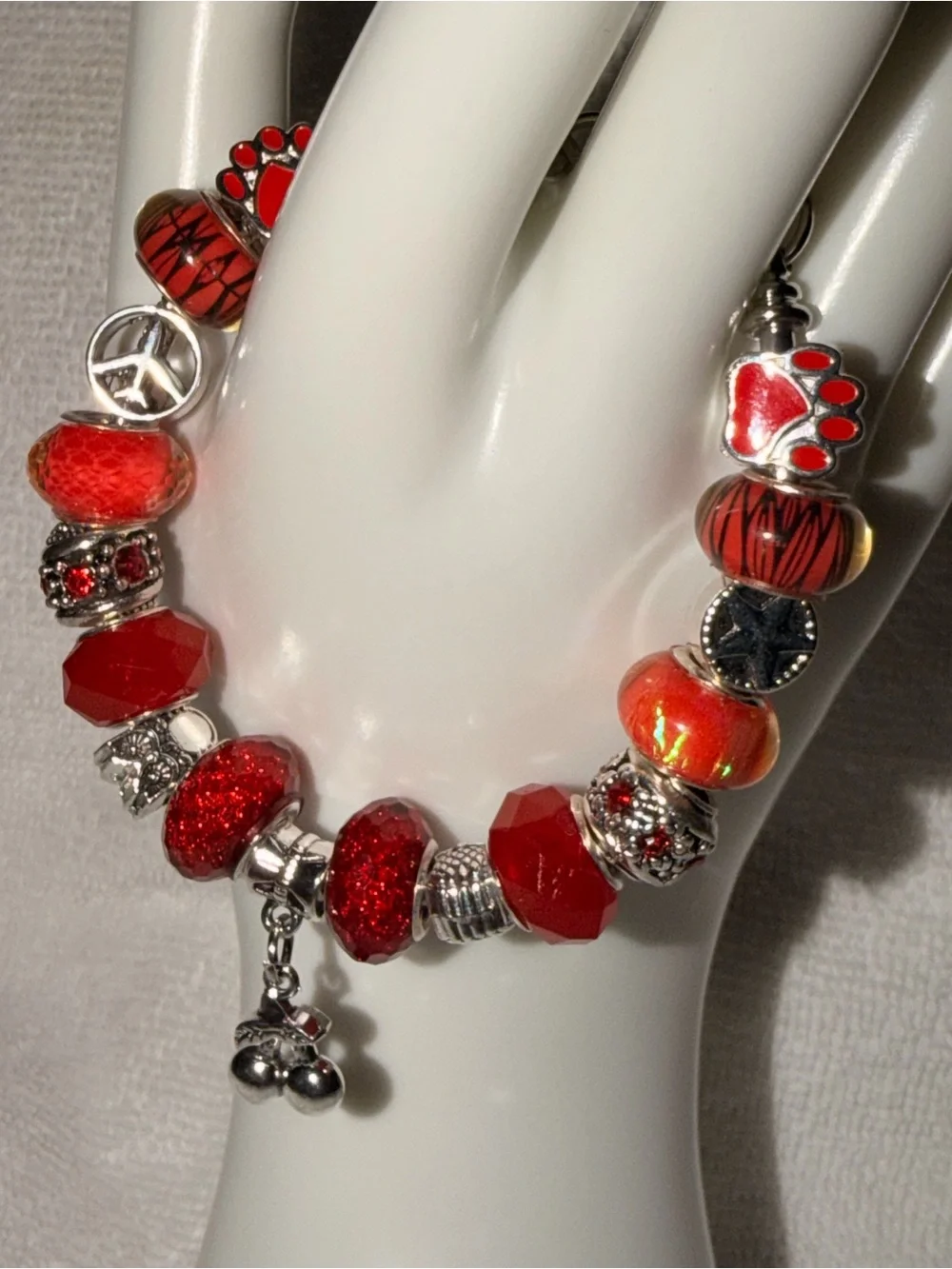 Red Bead Charm Bracelet with Paw and Bell Accents